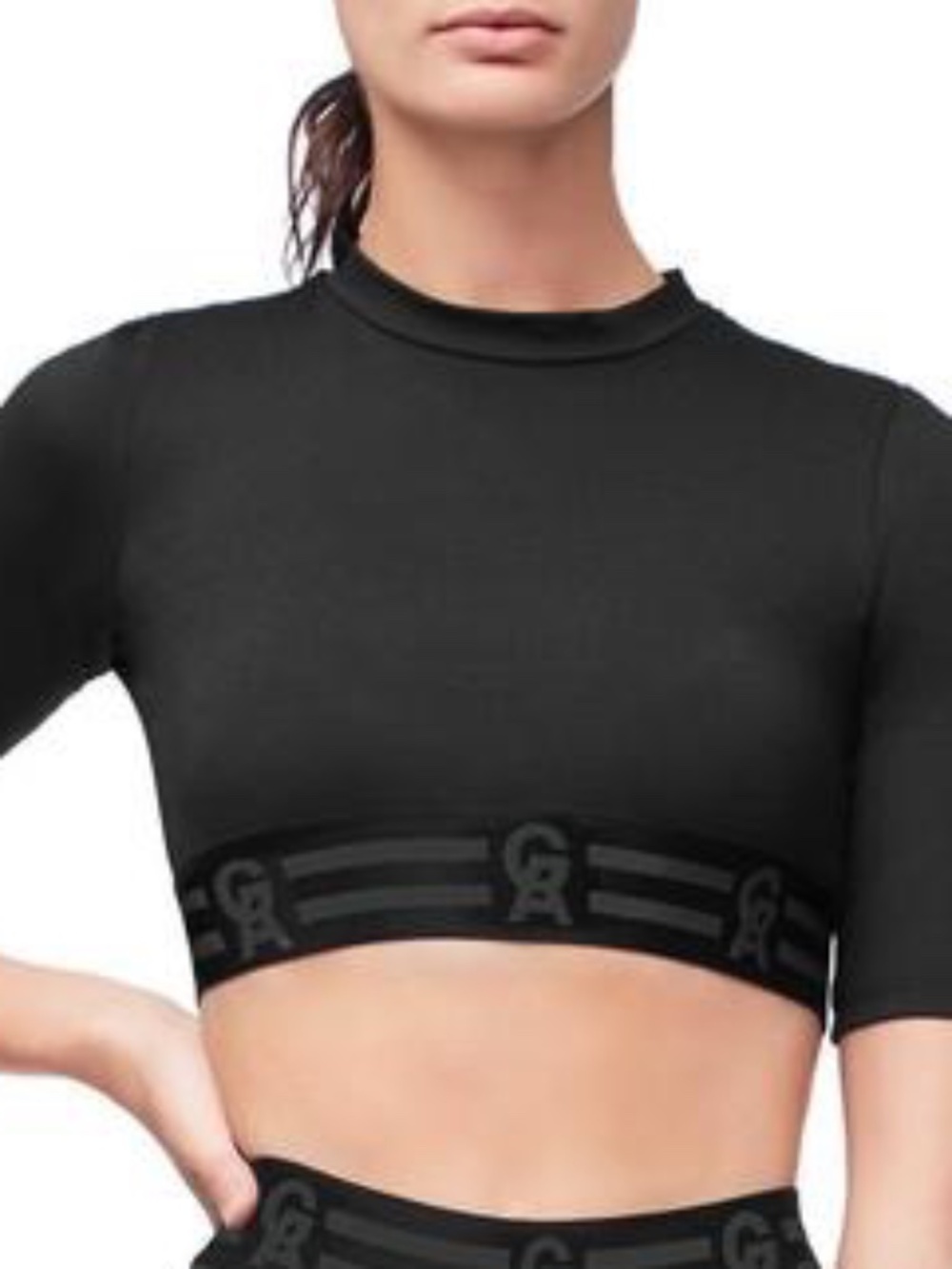 Good American NWT Women's Sz 1 Black Icon Crop Top Short Sleeve Elastic Logo